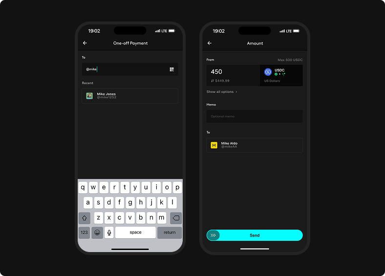 One-off payment flow searches for a recipient, then shows nickname, recipient, source asset, and amount entry before payment