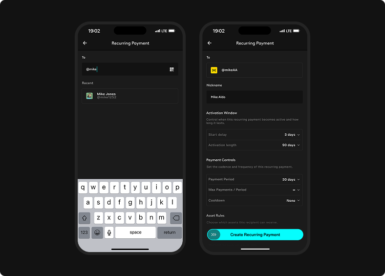 Recurring setup searches for a recipient, then shows nickname, activation warning, and inline recurring-payment settings