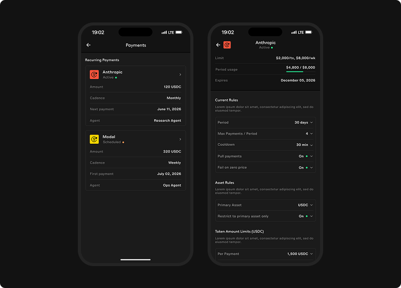 Recurring payment cards summarize limits and cadence, while the detail screen shows settings, live usage, activation window, and pay or remove actions